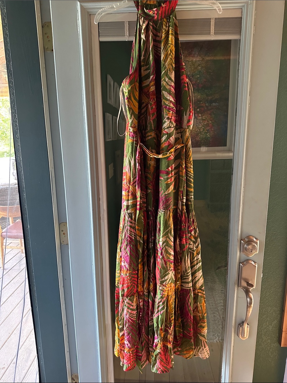 Anne Klein Tropical Leaf Halter Maxi Dress in Olive, Pink & Gold